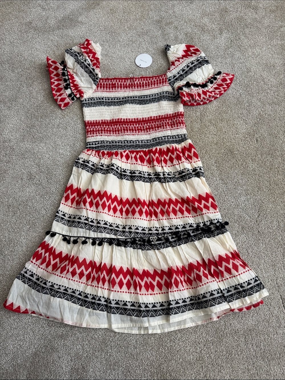 En Creme Red, Black and Cream Smocked Tiered Puff Sleeve Dress